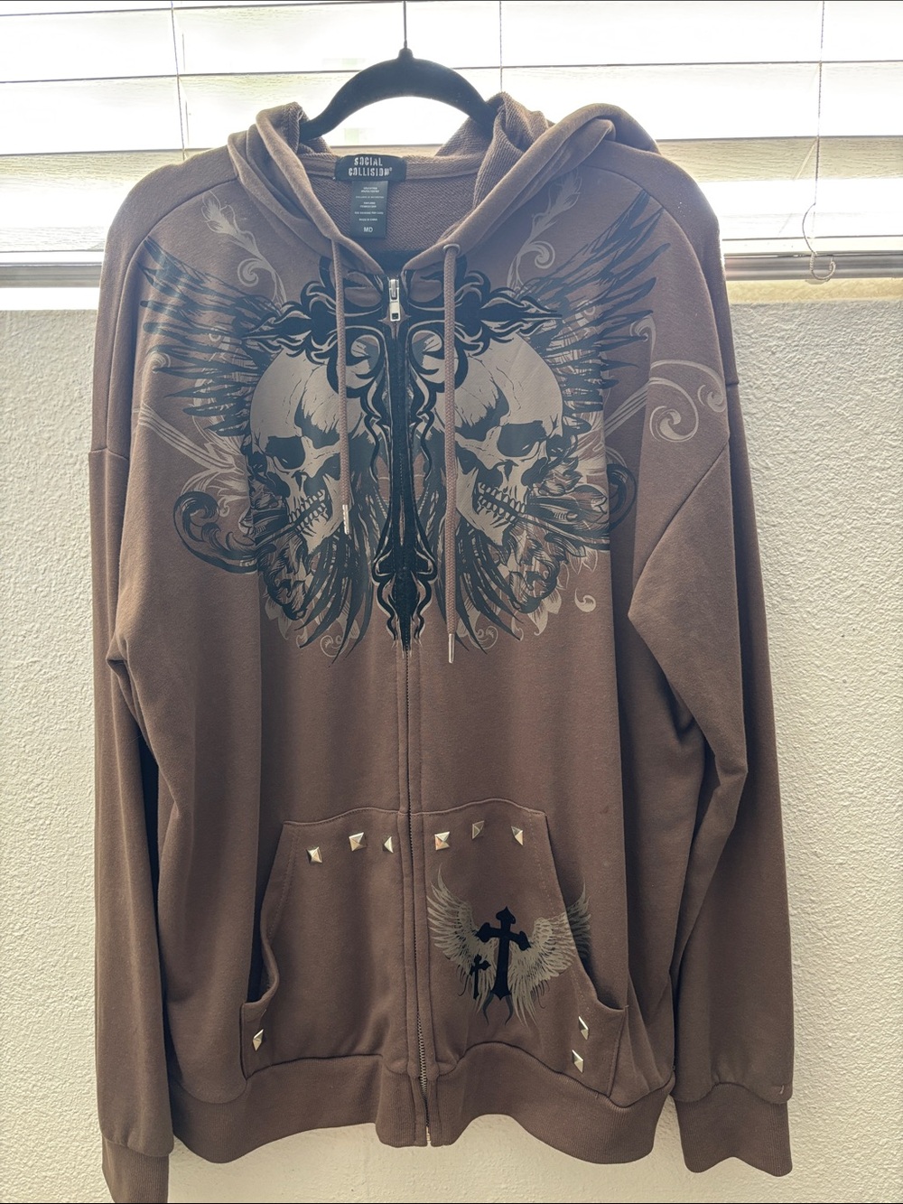 Brown Graphic Skull Wing Zip Hoodie